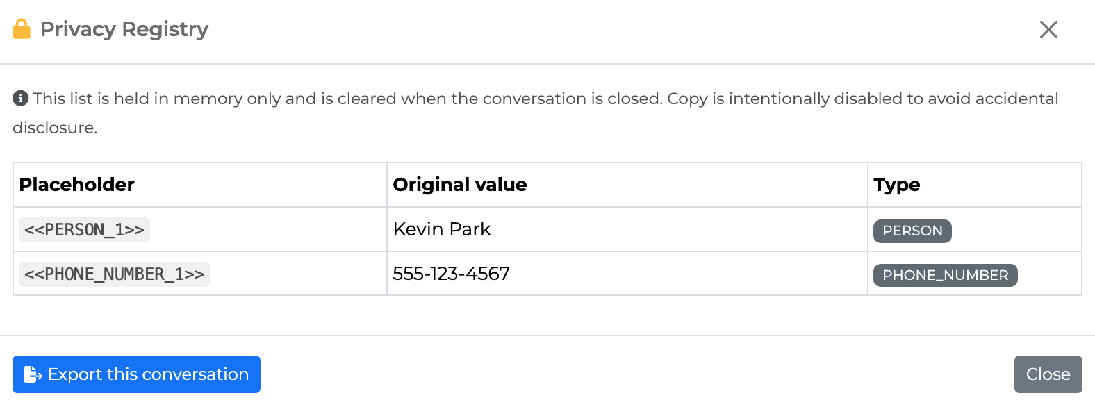 Privacy Registry modal listing two mappings: PERSON_1 to Kevin Park (PERSON), PHONE_NUMBER_1 to 555-123-4567 (PHONE_NUMBER). A note above the table reads "This list is held in memory only and is cleared when the conversation is closed. Copy is intentionally disabled to avoid accidental disclosure."