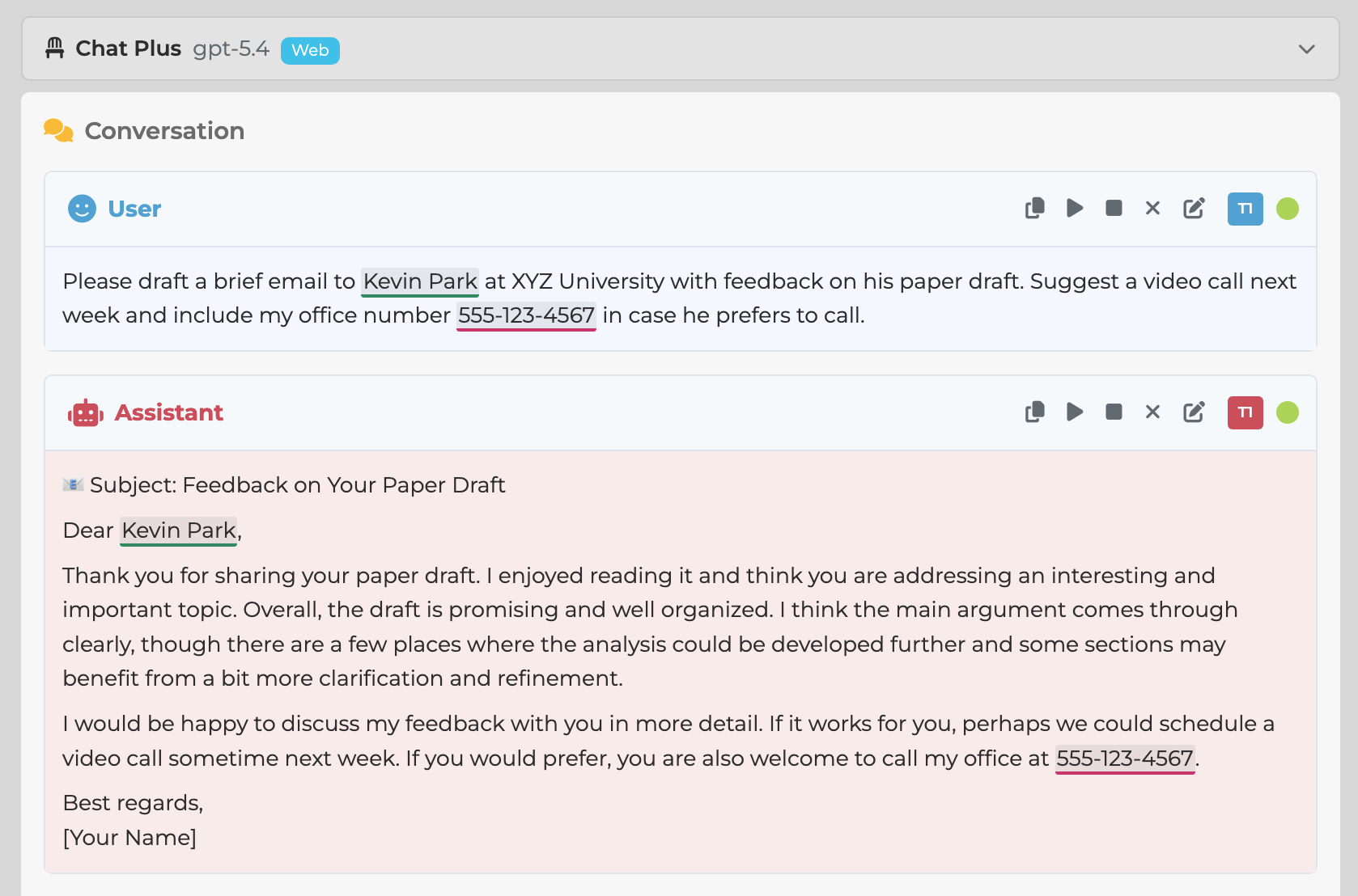 Monadic Chat Chat Plus conversation: a user message asking for a draft email to "Kevin Park" with office number "555-123-4567", and the assistant's email reply containing the same values. Both occurrences of the name and phone number are visibly highlighted, indicating the privacy filter detected them as PII