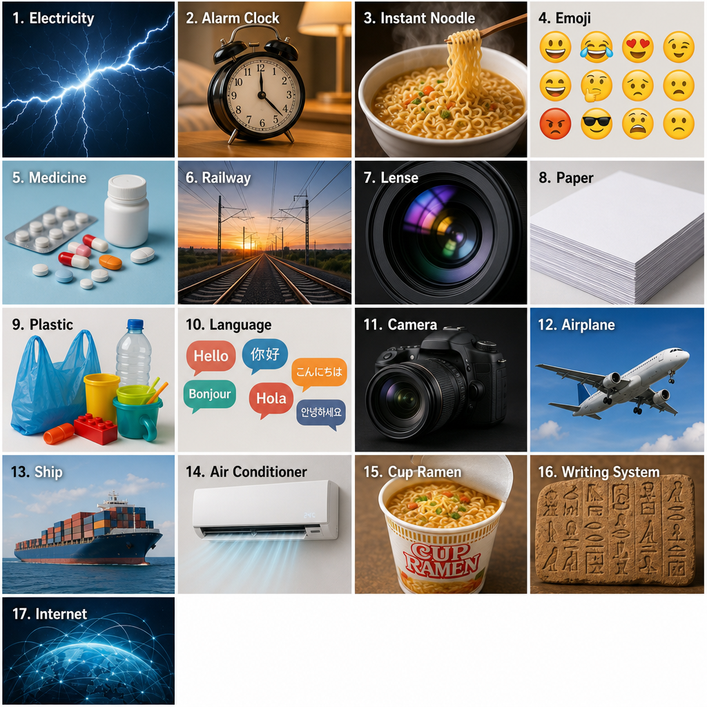 A grid image of seventeen inventions and discoveries chosen by students, with numbered cells: Electricity, Alarm Clock, Instant Noodle, Emoji, Medicine, Railway, Lens, Paper, Plastic, Language, Camera, Airplane, Ship, Air Conditioner, Cup Ramen, Writing System, Internet
